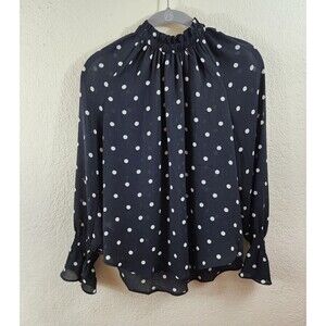Loft Womens XS Black Polka-dot Long Sleeve High Neck Chiffon Blouse